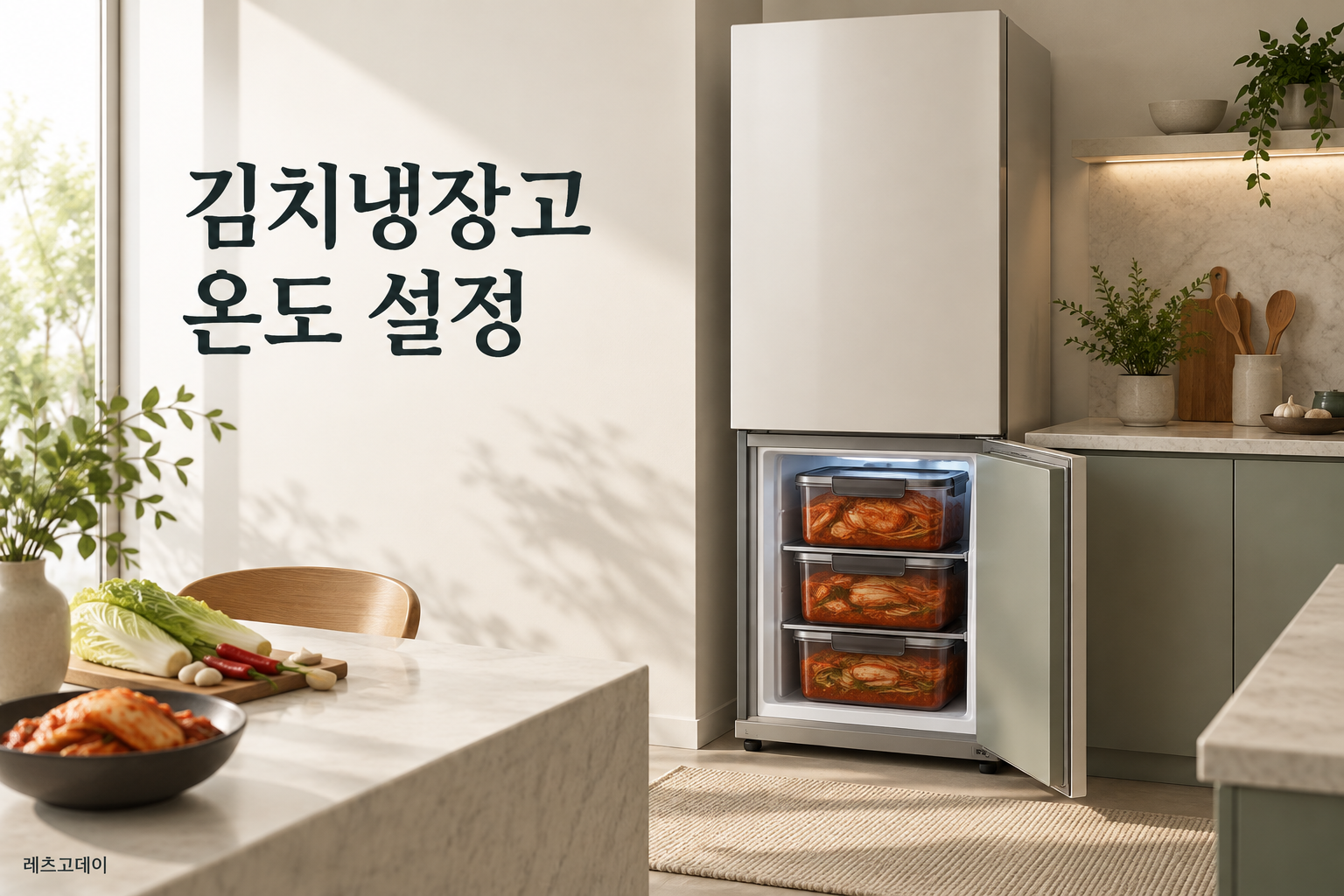 가정 주방의 김치냉장고와 밀폐 김치통으로 표현한 김치냉장고 온도 설정 안내
