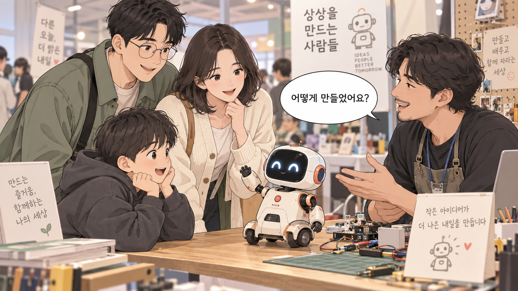 로봇과 만들기 전시를 체험하는 성인과 아이 웹툰
