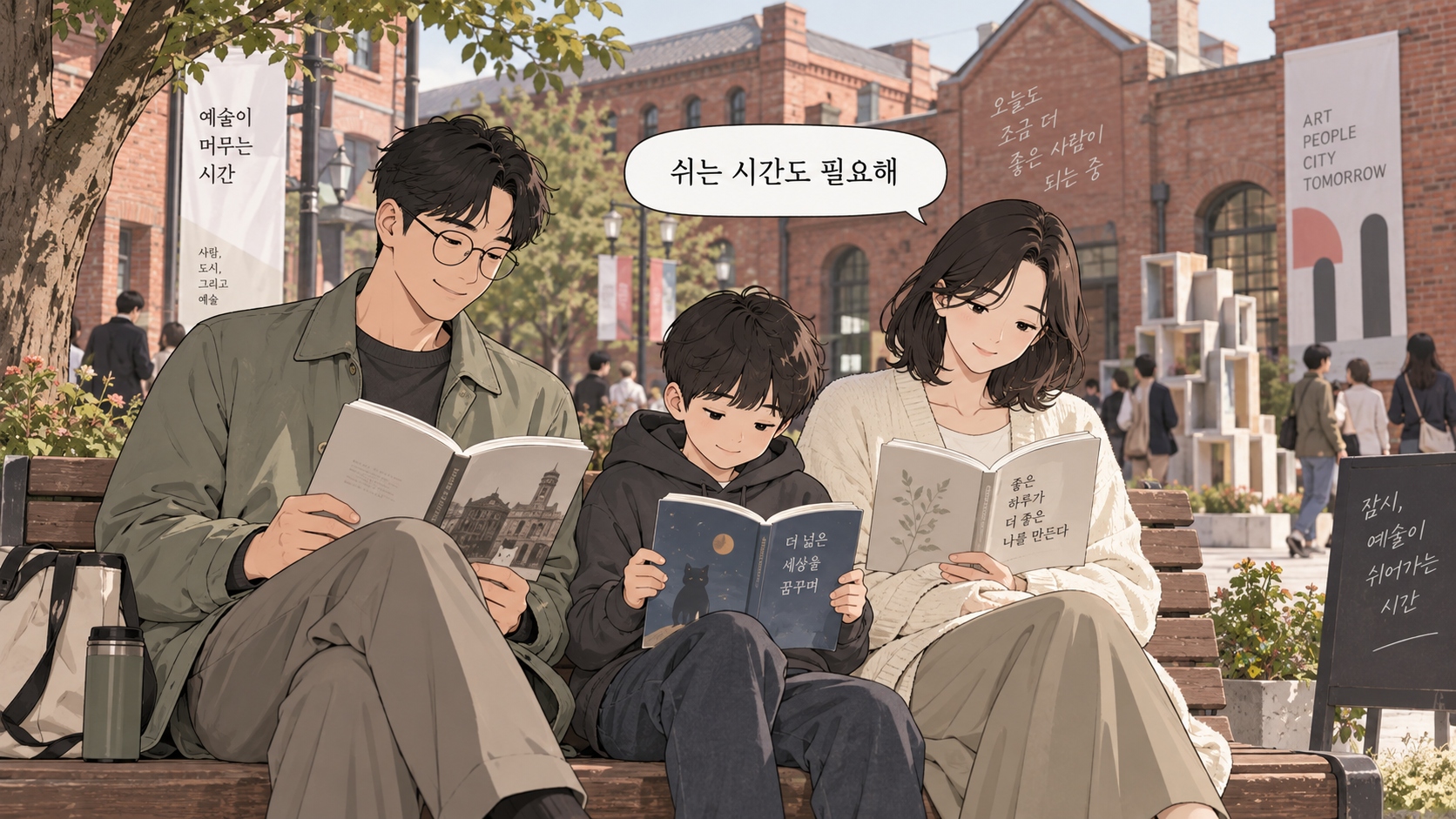 조용한 공간에서 쉬며 책을 읽는 가족 웹툰