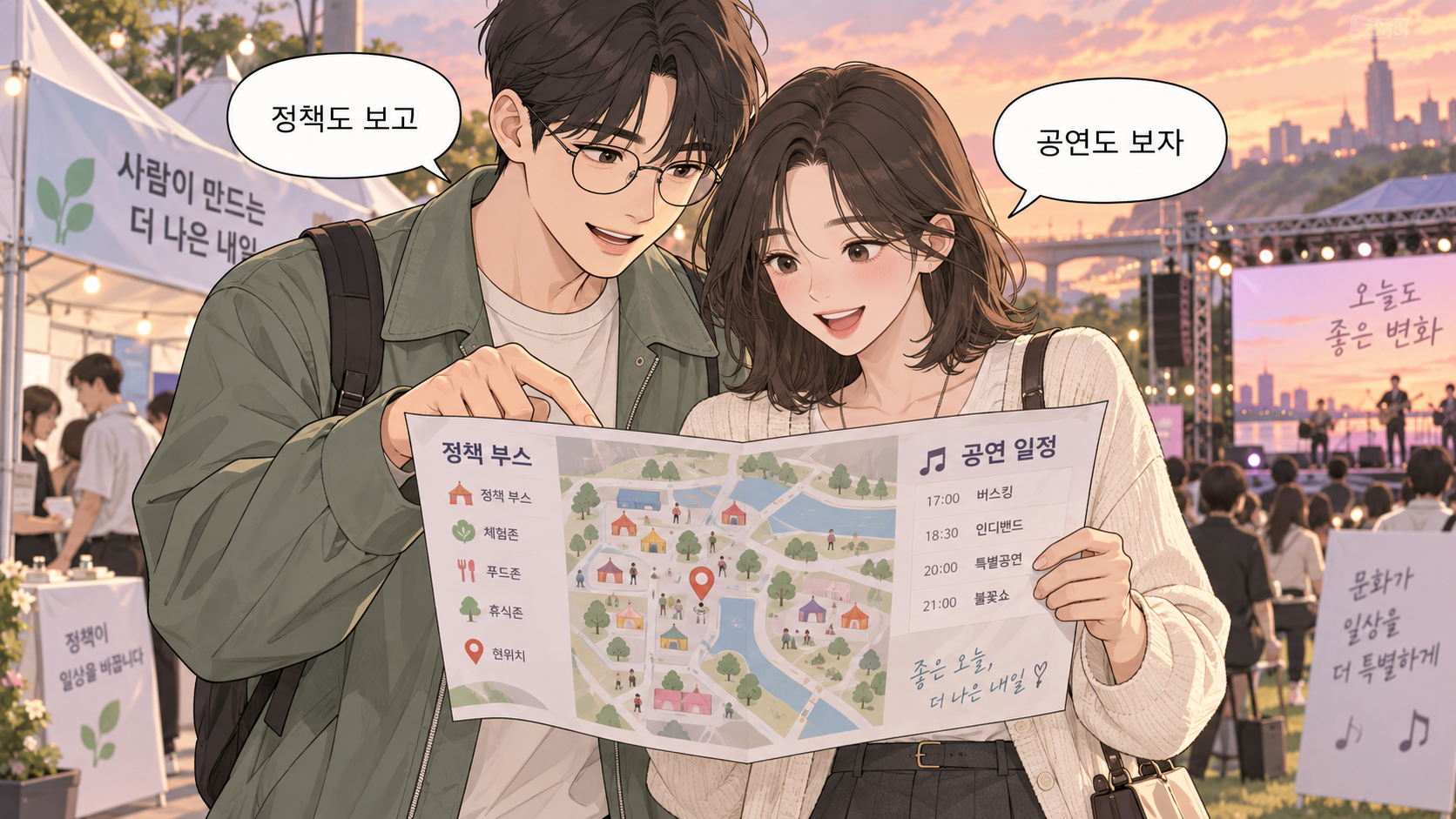 청년 정책과 공연 프로그램을 살펴보는 성인 캐릭터 웹툰