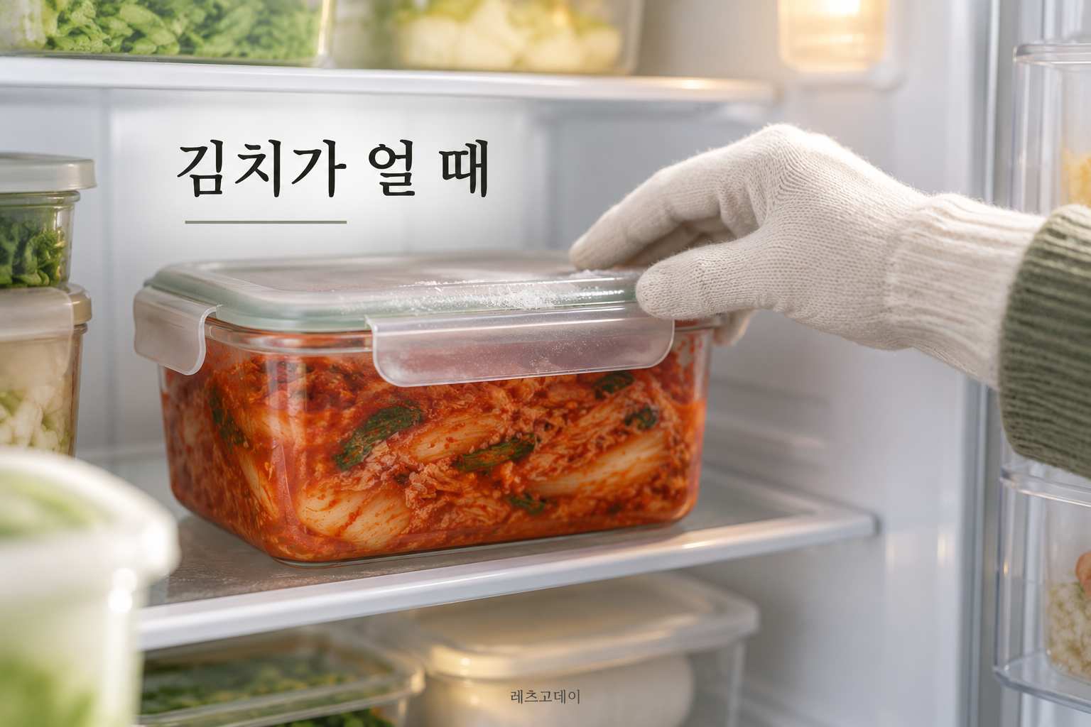 김치통 뚜껑의 살얼음과 밀폐 상태를 확인하는 모습