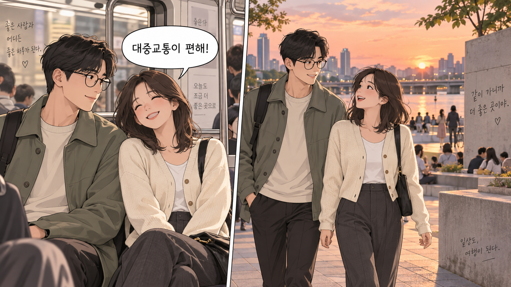 지하철을 타고 반포한강공원으로 이동하는 성인 남녀 웹툰