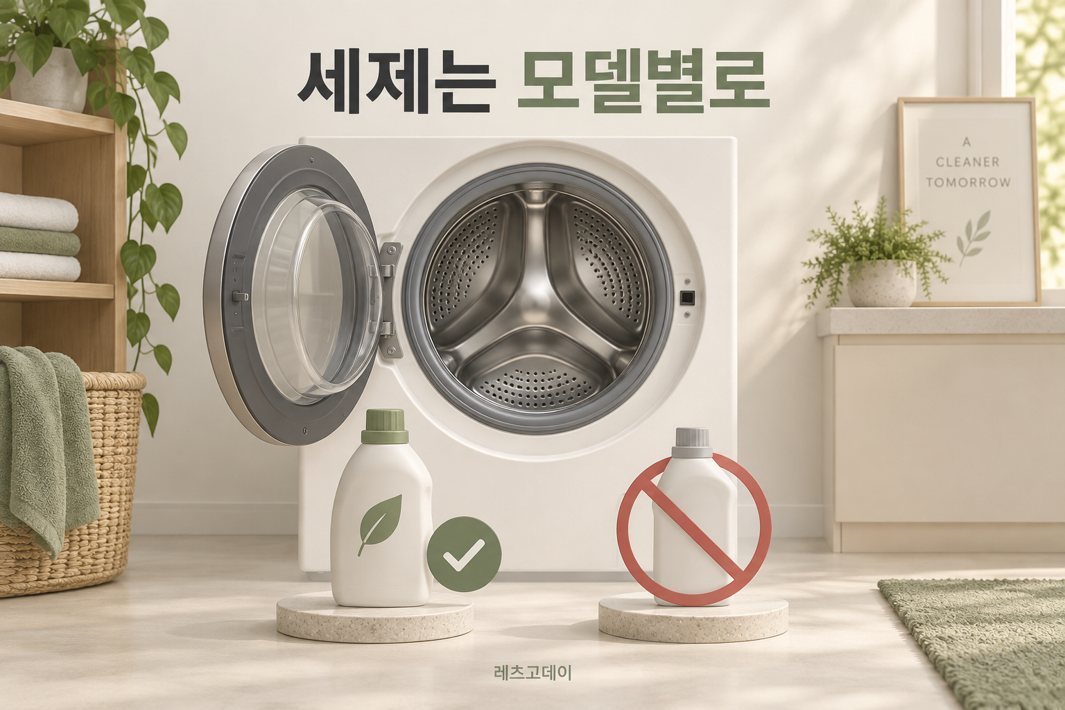 세탁기 모델에 따라 세척제 사용 여부가 달라짐을 나타낸 개념 이미지