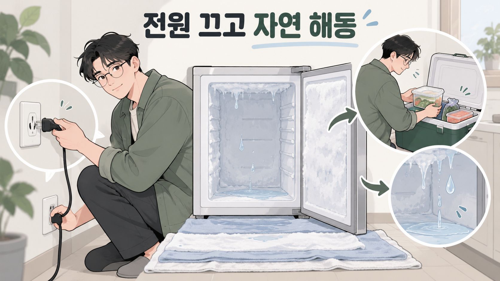 전원을 끄고 수건을 깐 뒤 자연 해동하는 안전한 성에 제거 순서