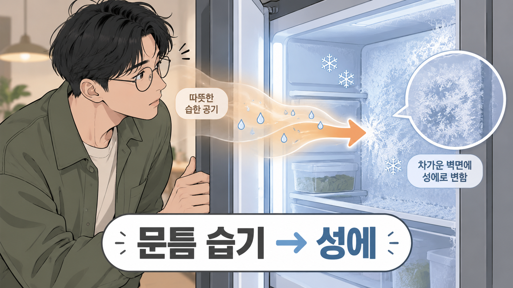 냉동실 문틈으로 습한 공기가 들어와 성에가 생기는 원인 설명 카드