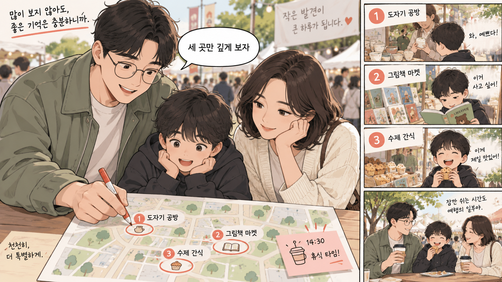 관심 부스 세 곳을 표시한 행사장 동선 웹툰