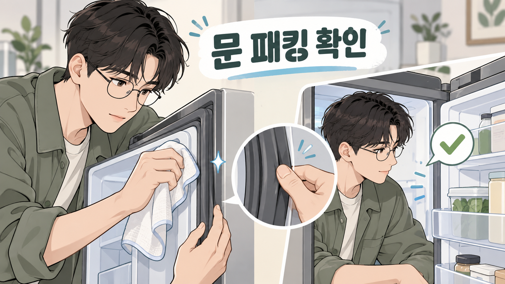 냉동실 도어 가스켓과 문 닫힘 상태를 확인하는 모습