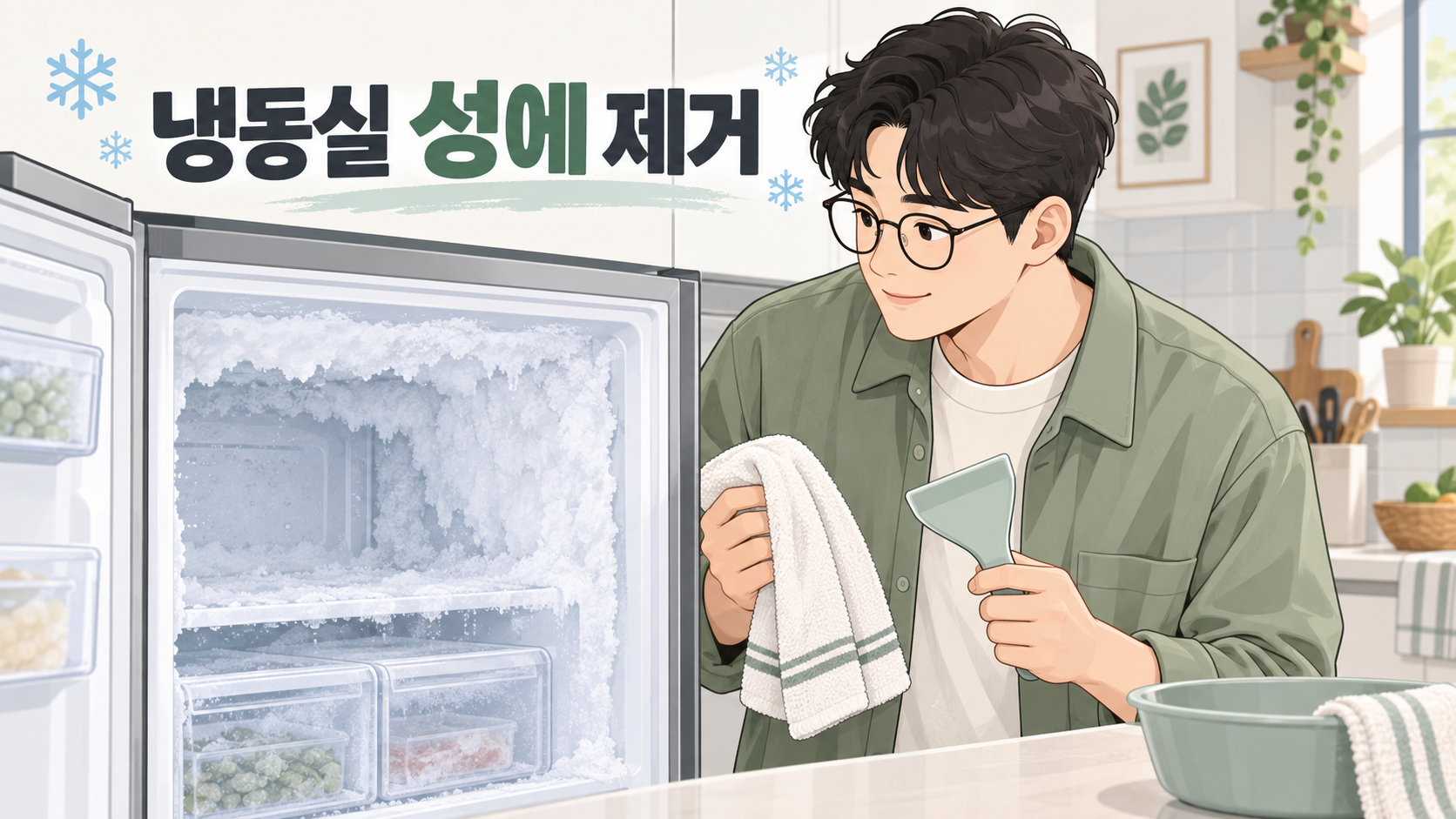 냉동실 성에를 안전하게 제거하는 과정을 보여주는 콘셉트 이미지