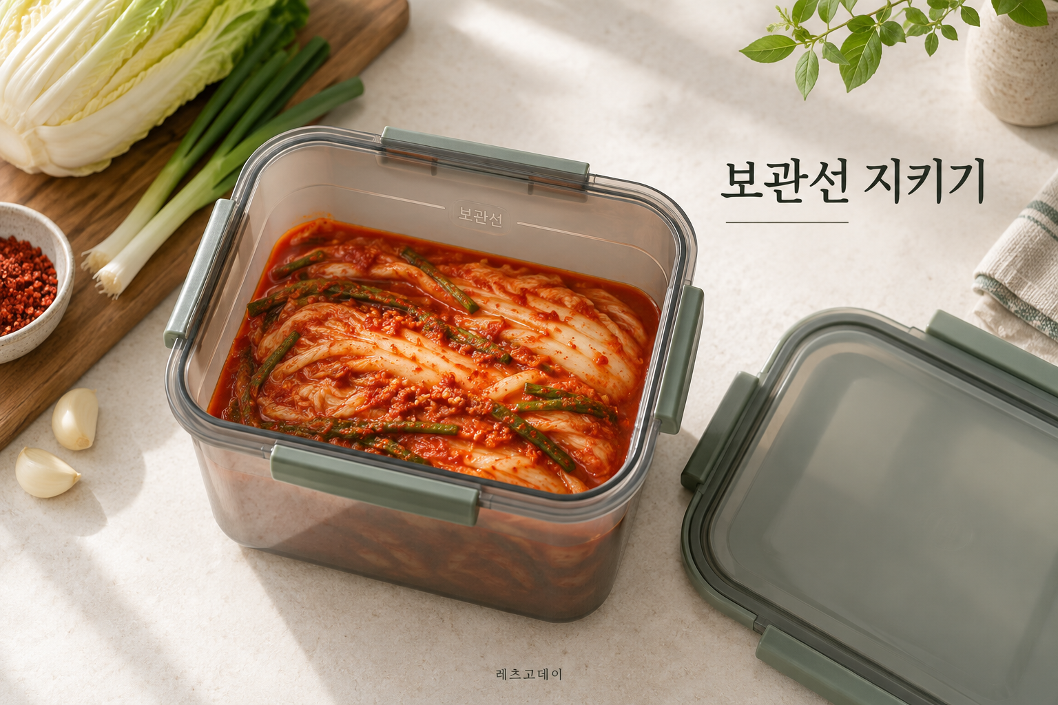 김치통 보관선 아래로 김치를 담고 국물에 잠기게 한 모습