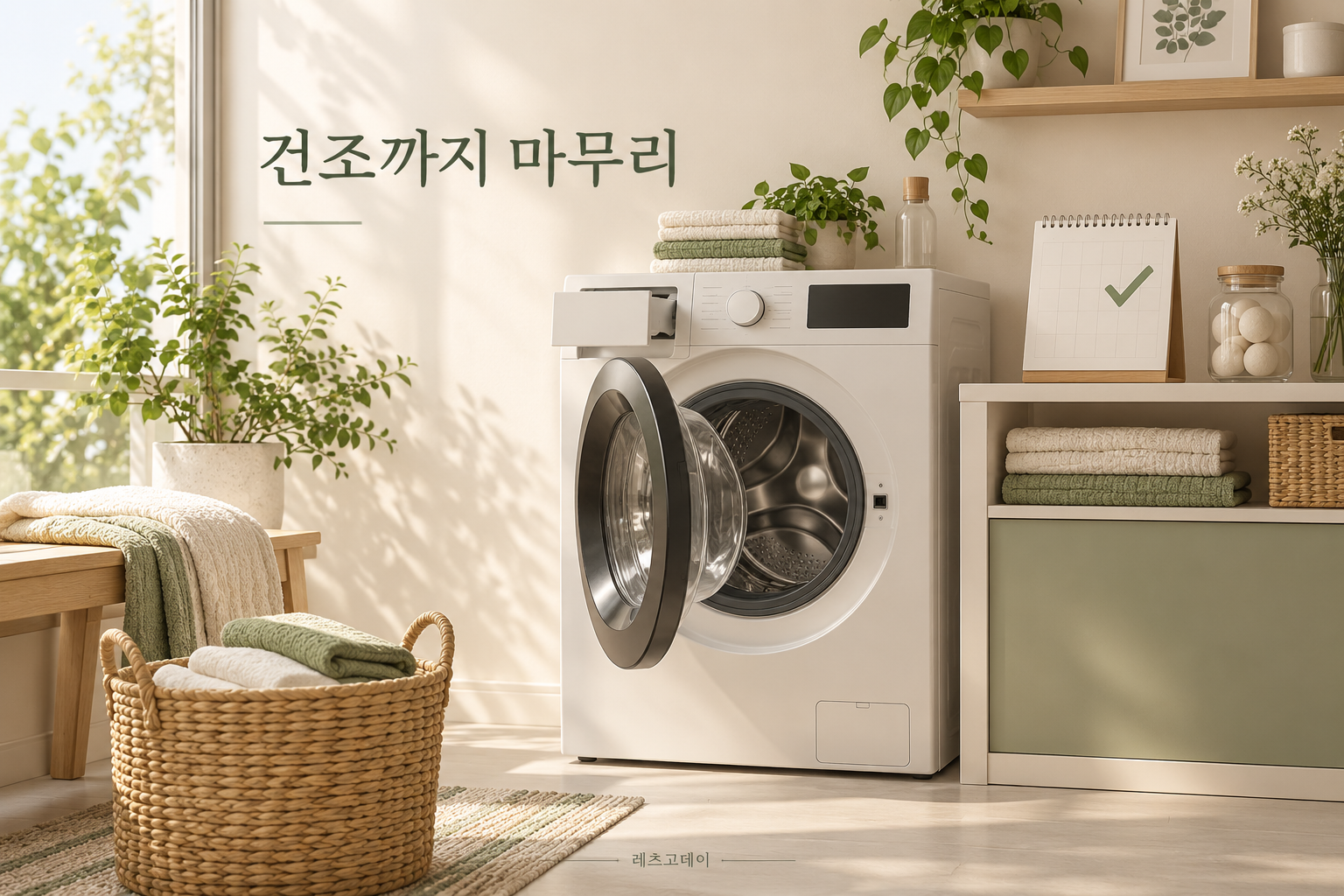 청소 후 문과 세제함을 열어 내부를 말리는 세탁기와 관리 달력