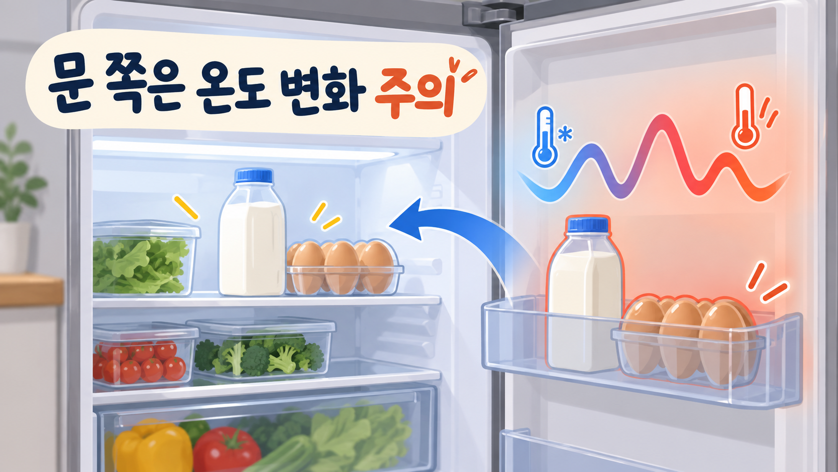 냉장고 문 쪽의 온도 변화 주의 카드
