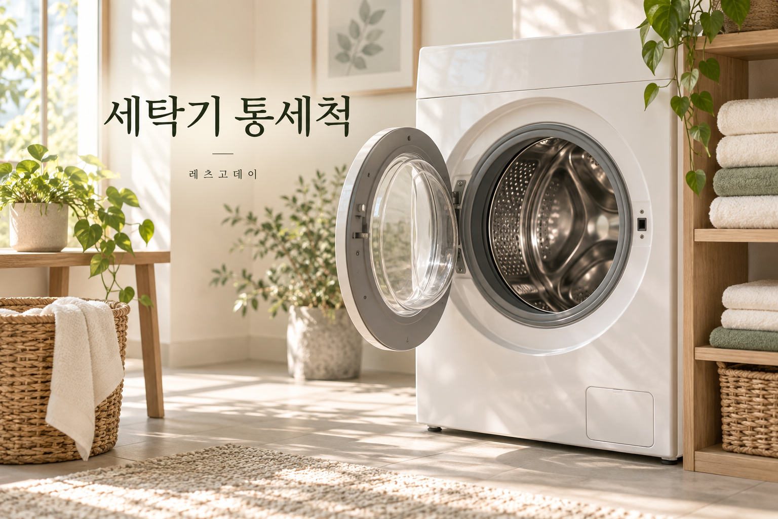 햇빛이 드는 세탁실의 빈 드럼세탁기로 표현한 세탁기 통세척 안내