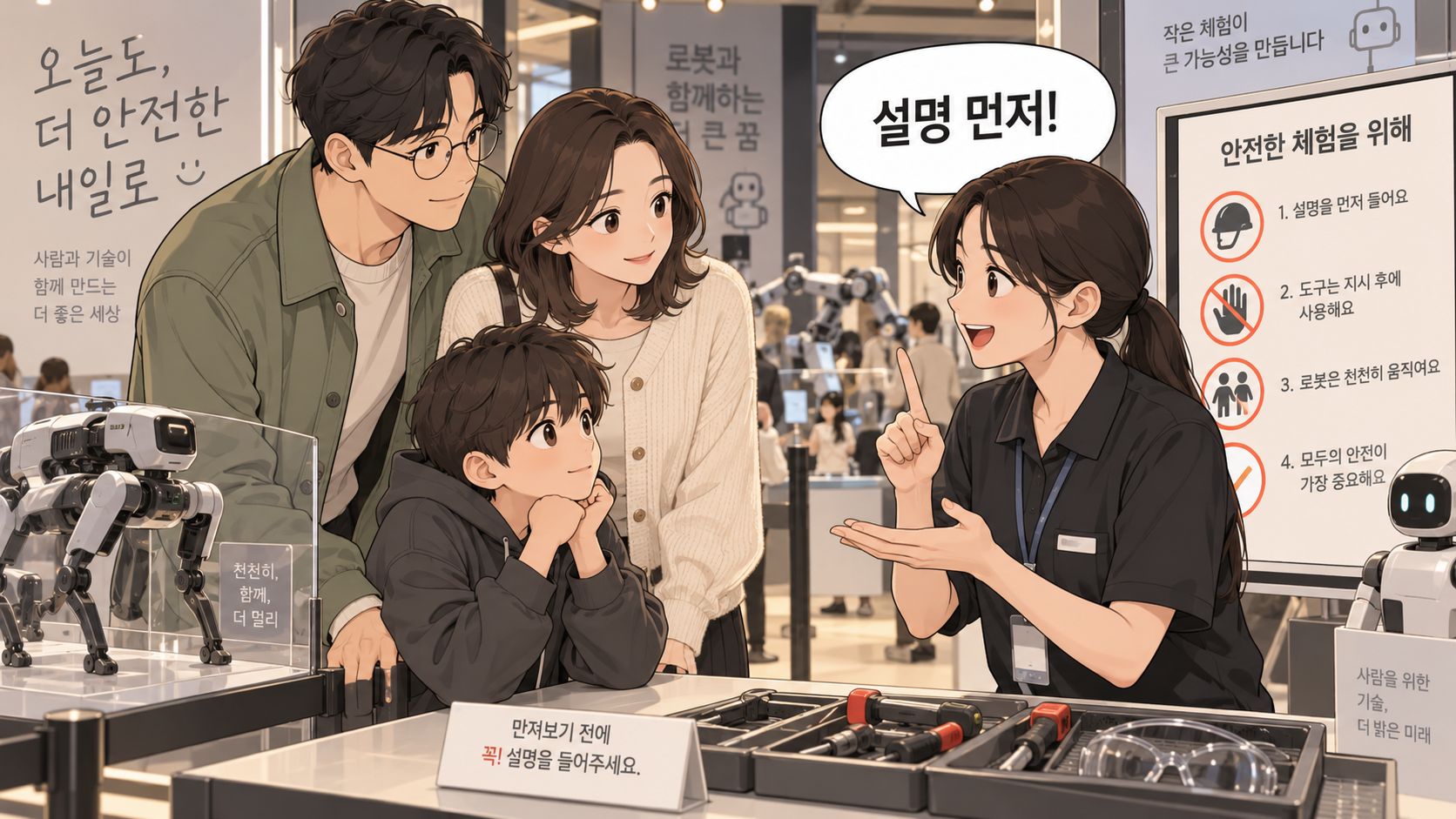 체험 부스 안전수칙을 확인하는 가족 웹툰