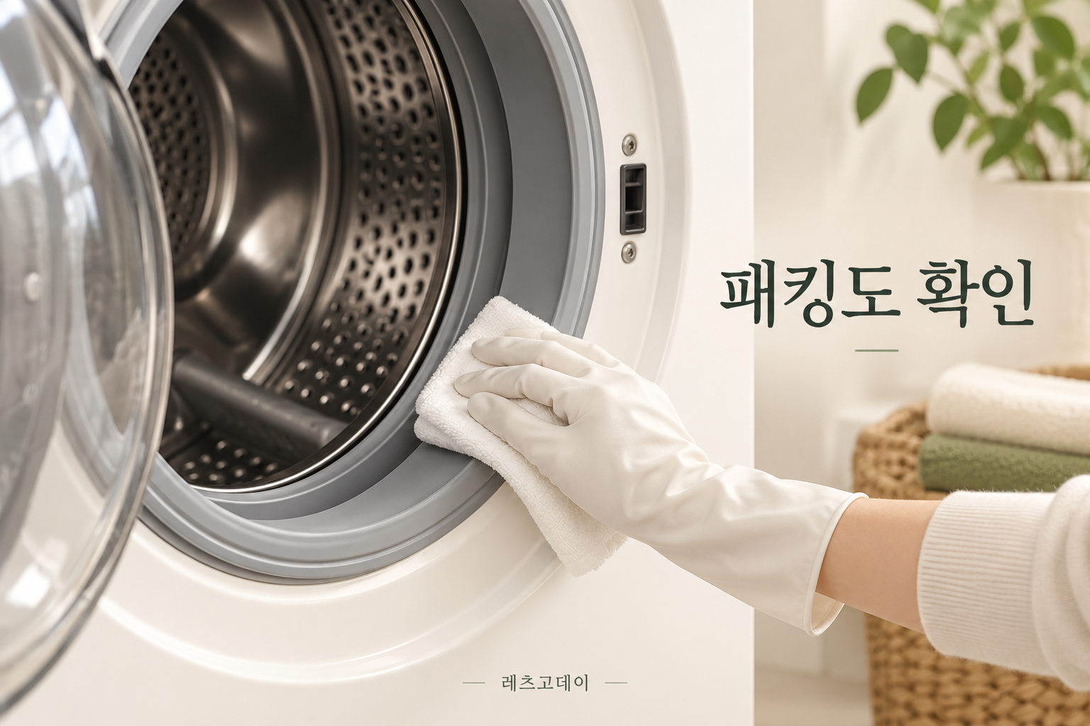장갑을 낀 손으로 드럼세탁기 문 주변 고무패킹을 부드럽게 닦는 모습