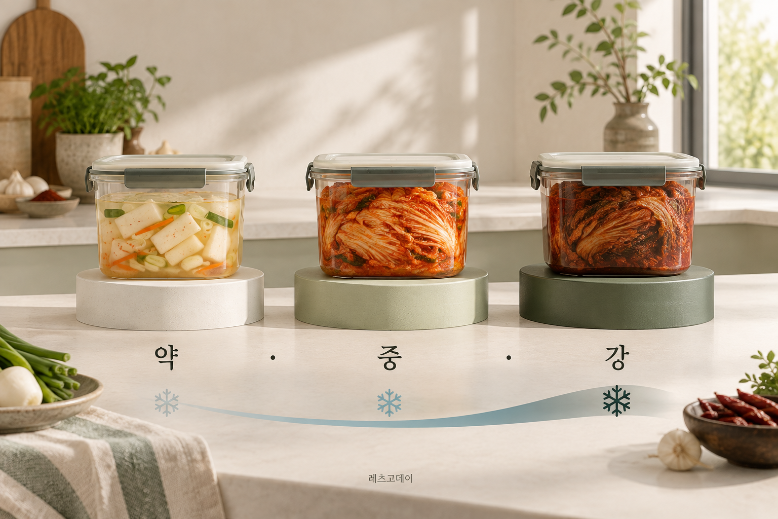 물김치 배추김치 묵은지를 약 중 강 설정으로 구분한 개념 이미지