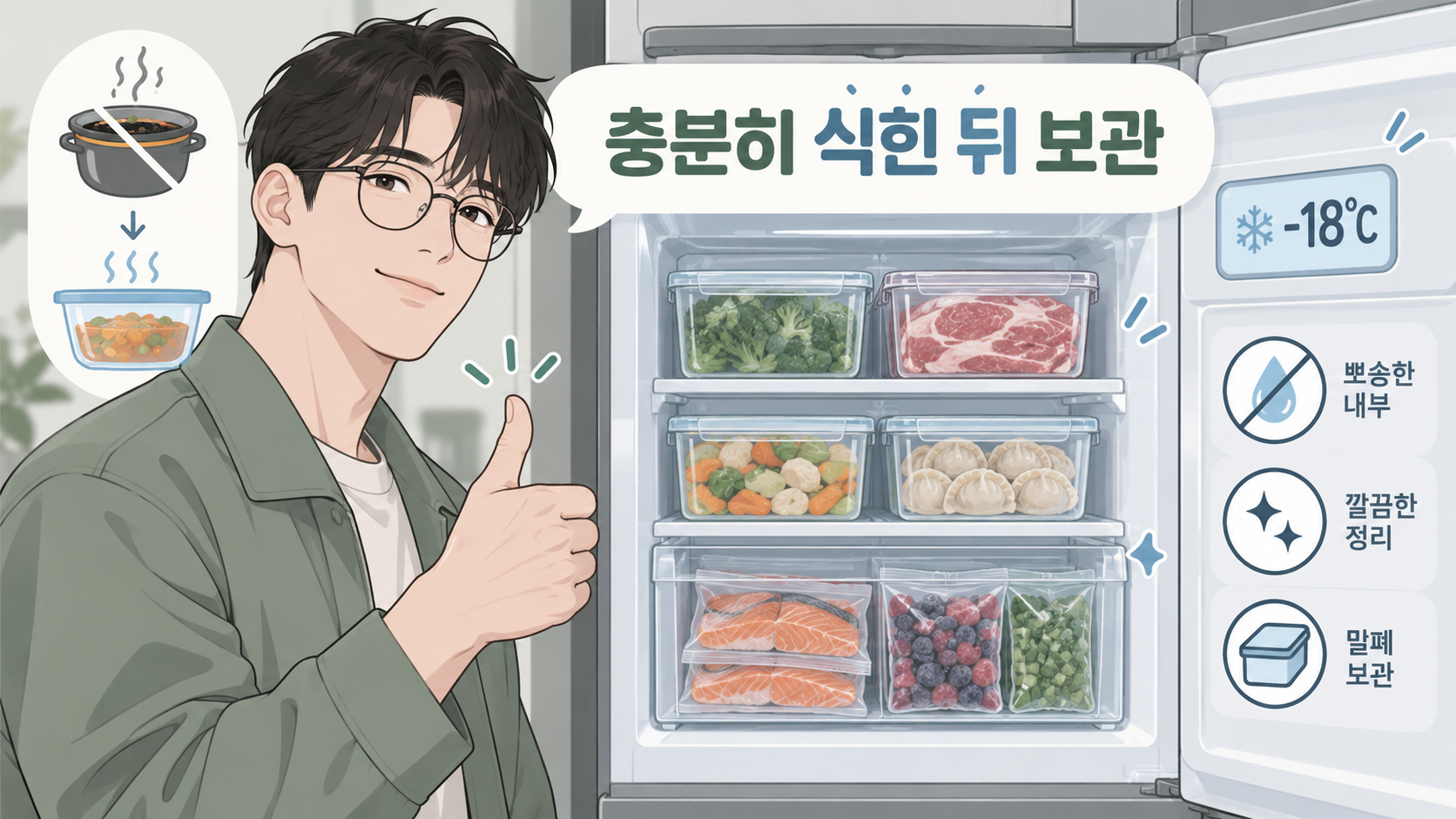 냉동실을 재가동하고 영하 18도를 확인하는 온도계 일러스트