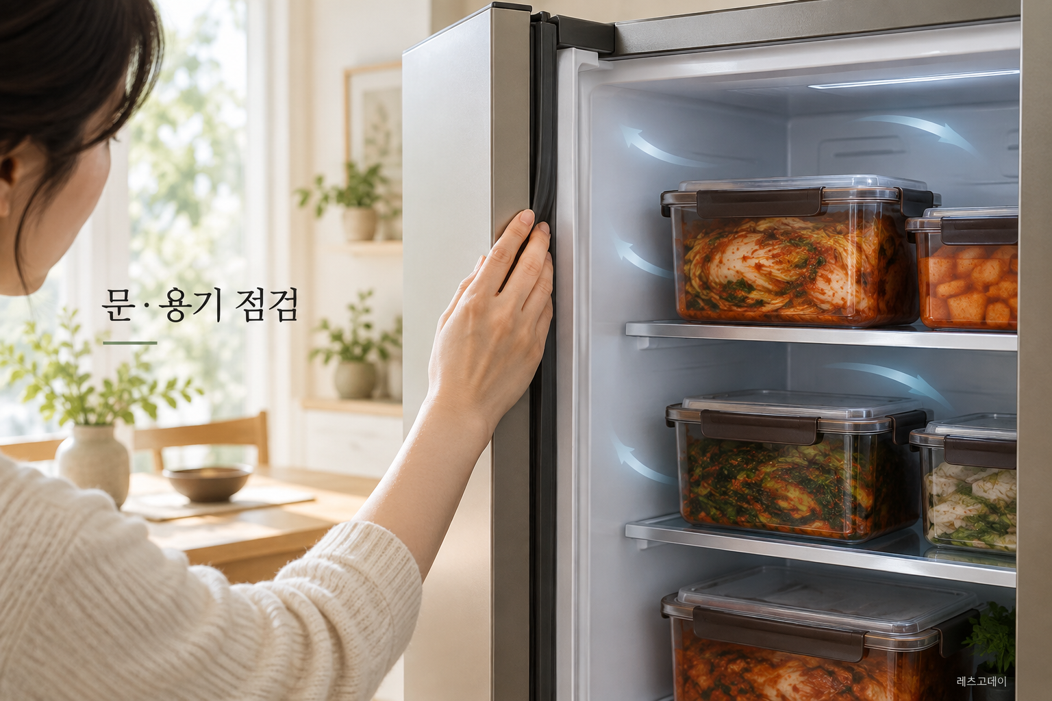 김치냉장고 문 패킹과 내부 김치통 배치를 점검하는 모습